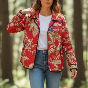 Vintage Reversible Red Monkey Print/ Black Quilted Button Front Womens Jacket XL